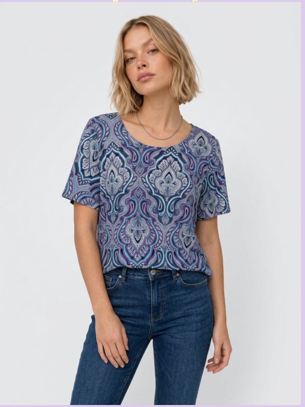 Croft & Barrow Women's 2X Short-Sleeve Polyester-Blend Blue Purple Paisley Top